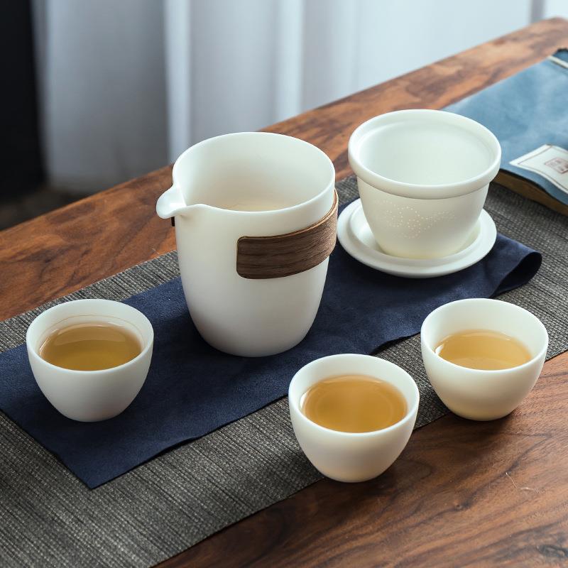 素烧羊脂玉瓷便携式旅行茶具小套装户外随身泡茶壶茶杯露营快客杯