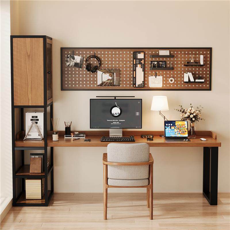 全实木家用书桌书架一体写字桌卧室长条电脑桌简约双人办公桌