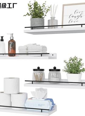 木制浮动隔板架带黑色金属护栏墙壁装饰架浴室洗漱用品卷纸收纳架