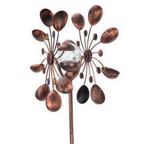 出口热销花园插件带太阳能玻璃球LED灯古铜色庭院铁艺风车