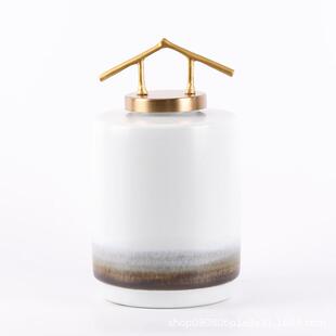 新中式铜盖白色陶瓷储物罐家居样板房客厅书房玄关酒店装饰品摆件