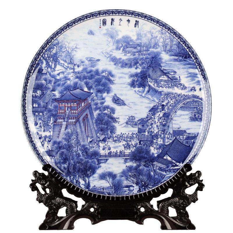 景德镇骨瓷摆件10寸家居玄关装饰品挂盘中式工艺品酒柜清明上河图