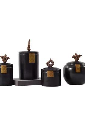 高温陶饰AAQ手瓷陶工拉胚手工描金瓷罐假山手柄摆件中式客厅品