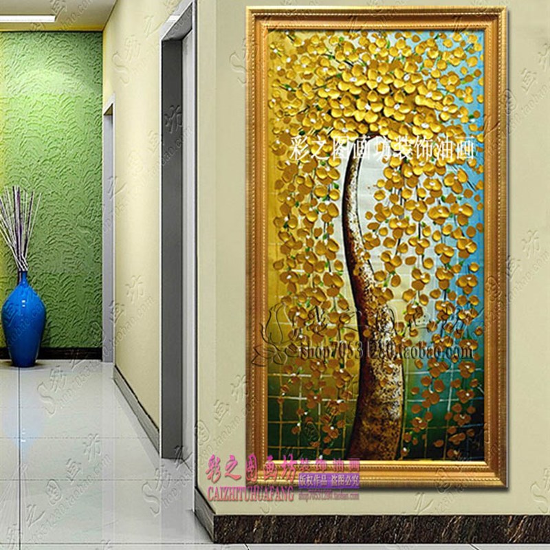 欧式纯手绘客厅有框画玄关竖版装饰画立体发财树油画走廊过道挂画图片