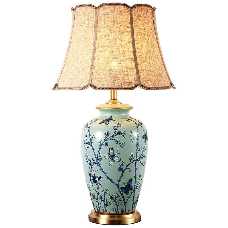 美式复古蓝色花鸟陶瓷台灯大号客厅边几卧室床头灯酒店现代桌灯
