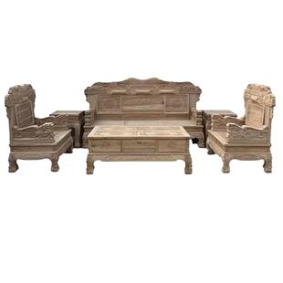 北方老榆木全实木客厅沙发白茬白胚毛坯中式明清仿古雕花榫卯家具