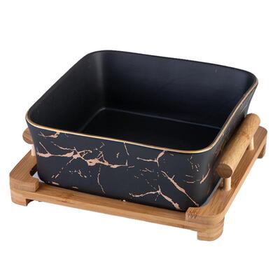 北欧简约大搭理石瓷金纹孔雀绿方形水果绿色方碗碗百带木托架陶沙