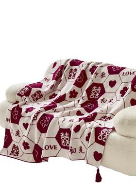 礼国潮风6tGSZcXP结婚百公喜福盖毯酒红百毯办室披肩毯品外贸希音