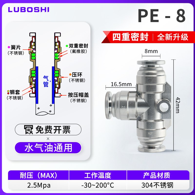 304不锈钢新款气动气管接头T型快插三通PE4/6H/8/10/12/14/16mm