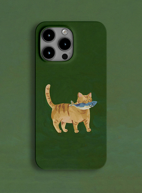 小猫叼鱼手机壳适用iPhone15promax苹果14趣味13呆萌12绿色11全包防摔vivos18小米13软iqoo12红米k70e荣耀100