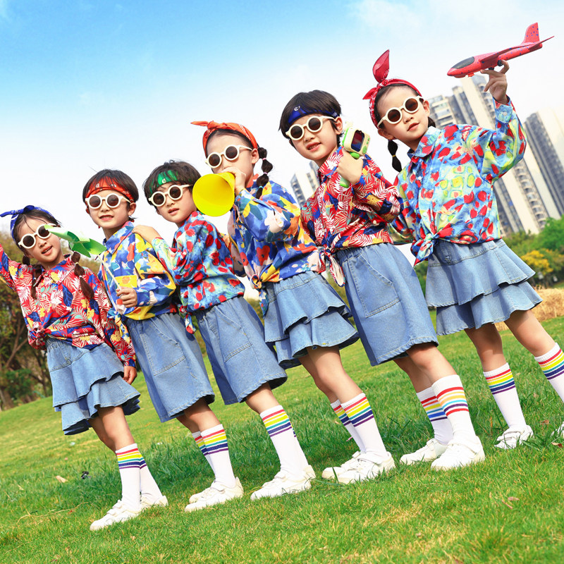 六一儿童演出服港风花衬衫套装幼儿园男女小学生运动会啦啦队服装图片