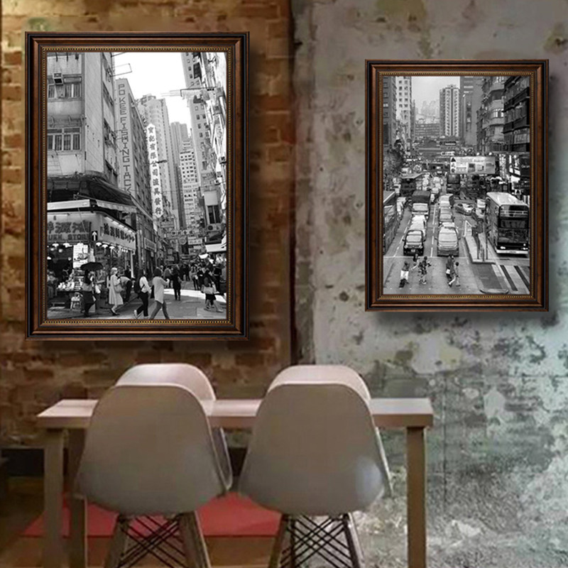 茶餐厅黑白复古老照片装饰画香港街景挂画港式饭店老港风怀旧壁画