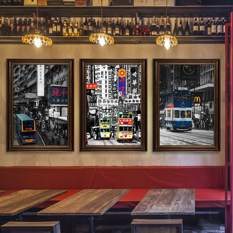 香港老街景装饰画网红咖啡店吧台艺术感挂画复古怀旧城市建筑壁画
