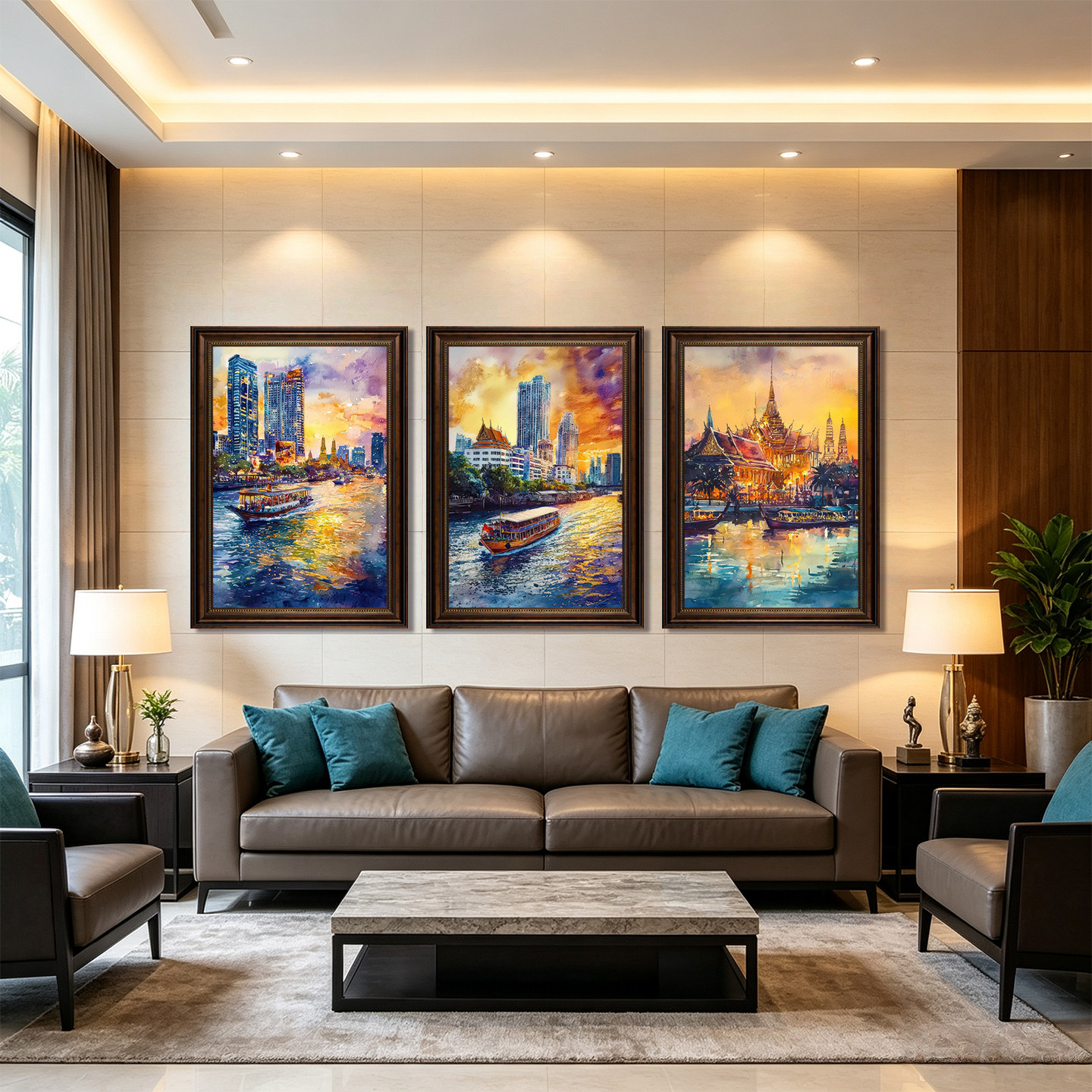 东南亚城市风景三联装饰画复古风油画客厅沙发背景墙游船建筑挂画