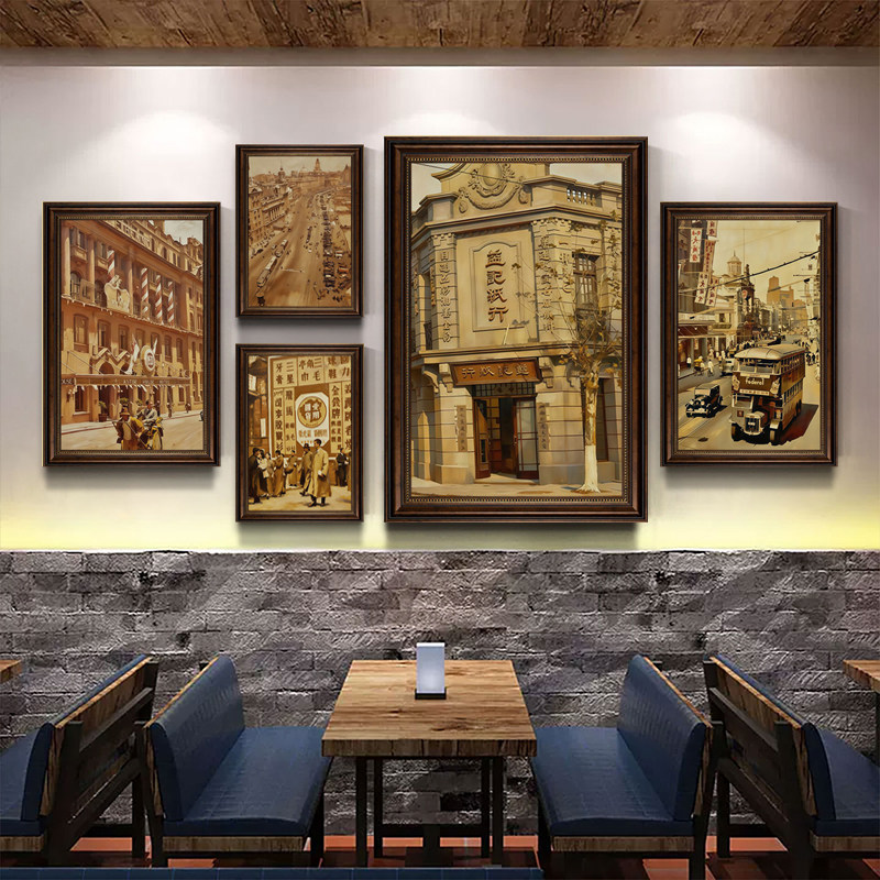 民国风老上海建筑装饰画酒吧复古怀旧老照片挂画饭店主题餐厅壁画