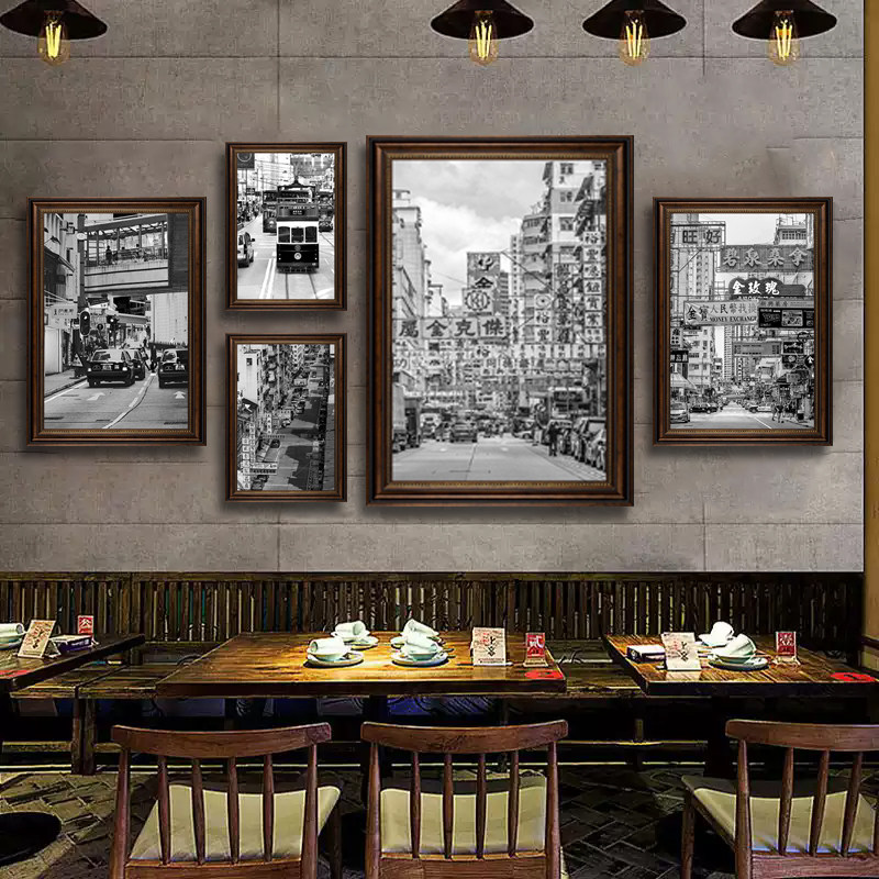 香港街景挂画茶餐厅黑白复古老照片装饰画港式饭店老港风怀旧壁画