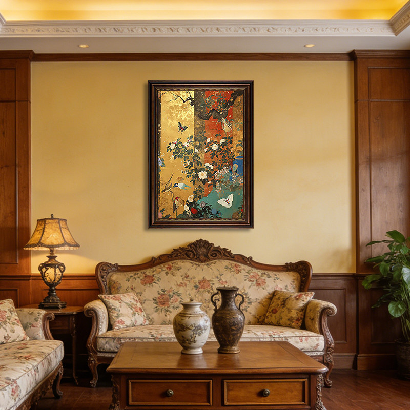 中古风蝴蝶花鸟装饰画法式客厅沙发背景墙挂画轻奢高级感玄关壁画