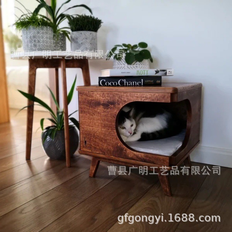 跨境实木猫窝猫屋半封闭床头柜一体多用宠物猫咪房子方形凳可储物