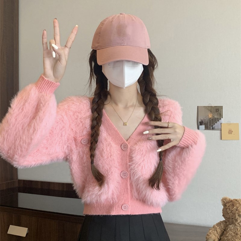 湖蓝色短款马海毛衣外套女秋冬v领打底针织开衫大朗义乌高腰上衣