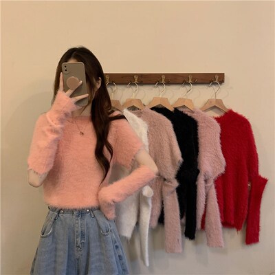 粉色短款马海毛衣女春秋冬内搭针织打底衫大朗疏离感袖套短袖上衣