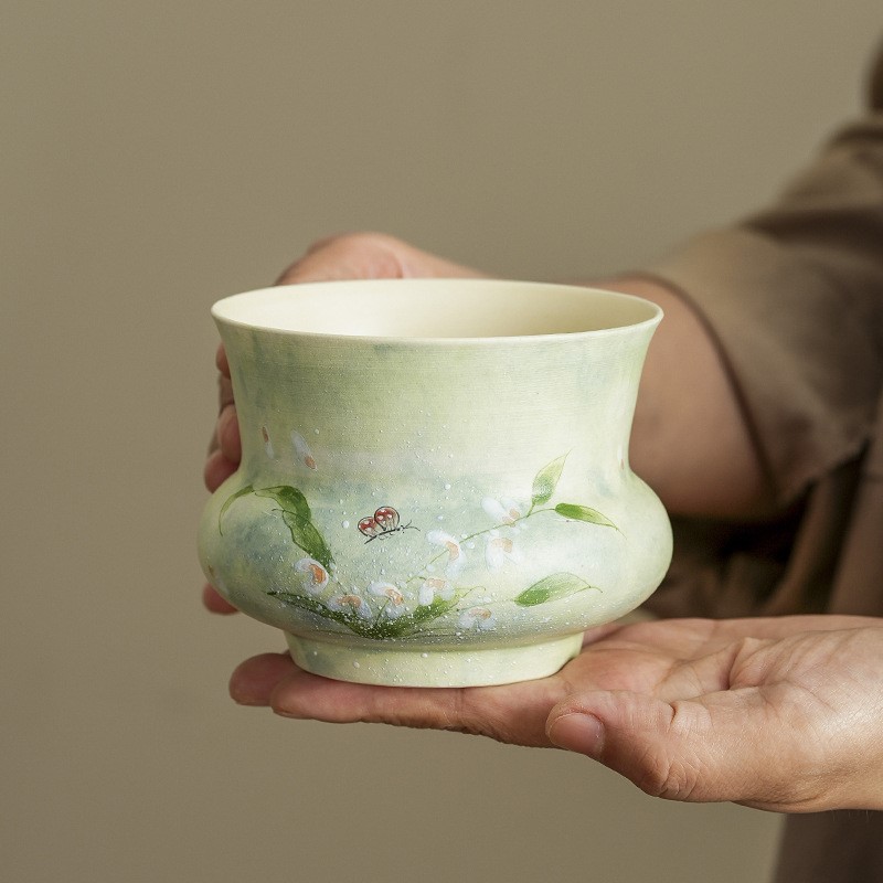 手绘粉引蝴蝶心兰建水小号茶洗高档家用高档陶瓷水盂茶渣缸茶杯洗
