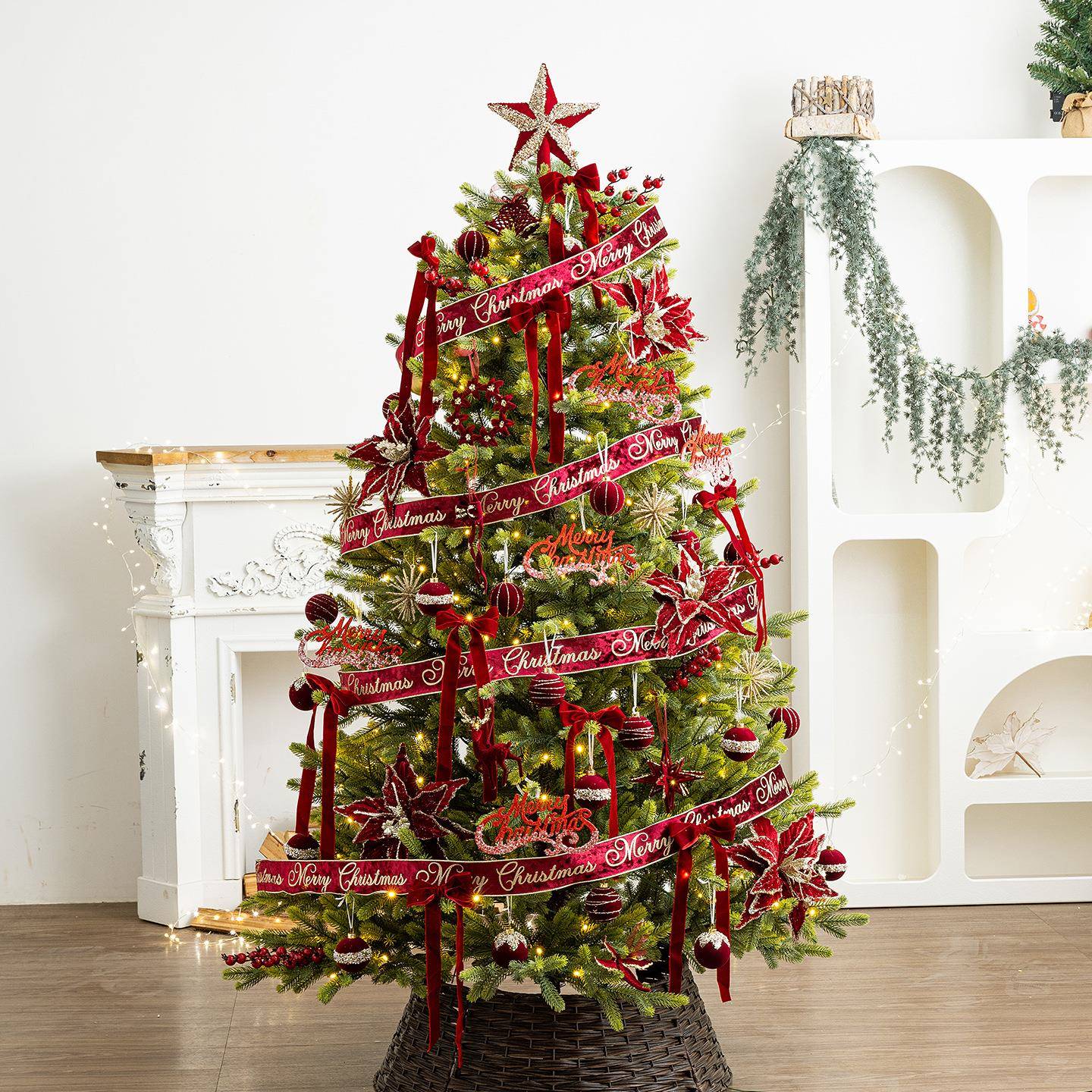 跨境圣诞节酒红色绒布丝带单面植绒diy蝴蝶结礼盒包装圣诞树装扮