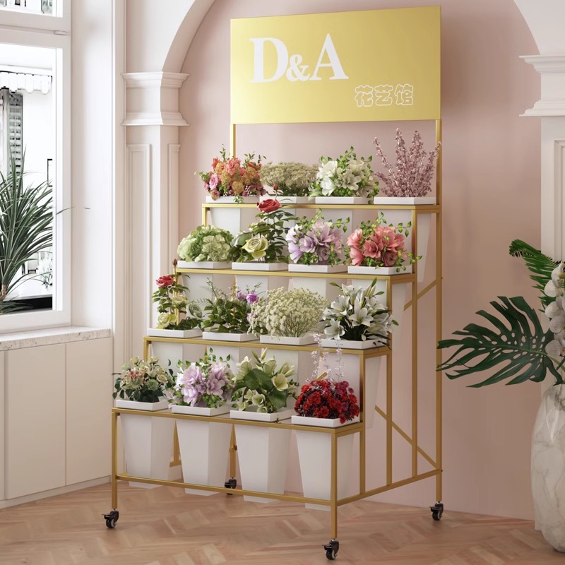 落地式花架组合阶梯塑料花桶置物架轻奢铁艺带万向轮室内展示花架