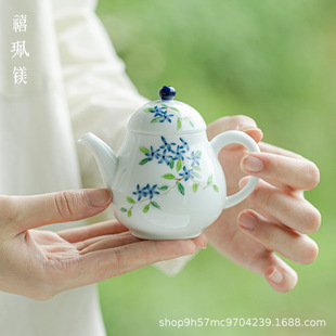 禧珮镁手绘蓝色小花秋水壶白瓷泡茶壶陶瓷球孔过滤茶壶个人单壶