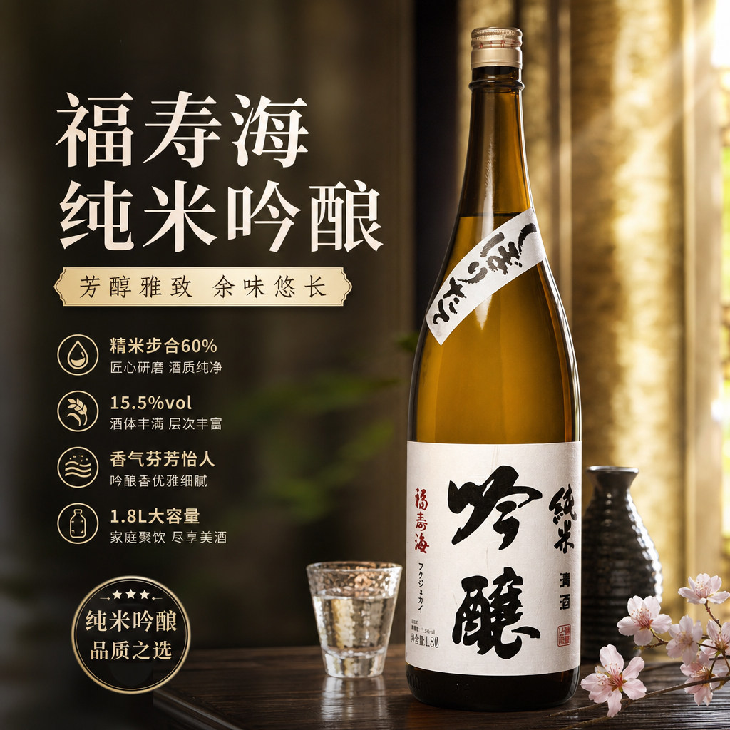 国产日式清酒 福寿海纯米吟酿1.8L精米步合60%清酒米酒