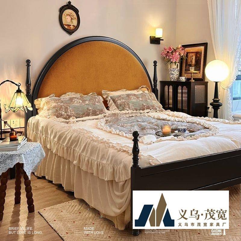 复古美式法式双人床木床主卧古风软包床黑色1.8巴黎现代简约