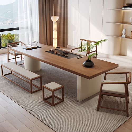 侘寂奶油风实木茶桌椅组合大板桌配套茶台烧水壶一体洽谈区泡茶桌