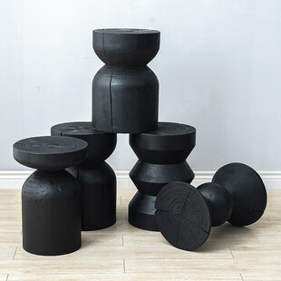 侘寂风原木凳子黑色炭化实木墩子名宿床头柜边几摆件长凳换鞋凳