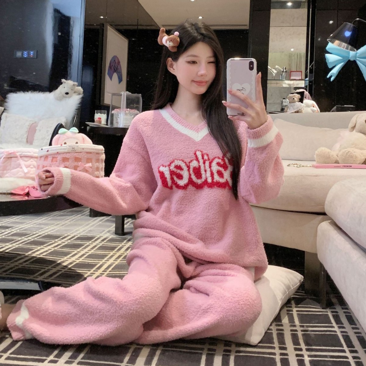 日本品质粉色芭比睡衣学生秋冬新款半边绒睡衣女长袖加绒加厚家居