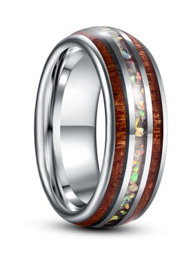 8mm Inlaid Wood Dome Men Tungsten Carbon Ring Opal Couple En