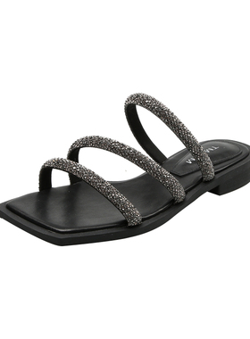 Uncle Jian舒适沙滩软底凉拖鞋女度假平底外穿水钻一字拖鞋女夏