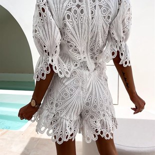 2022 Hollow Out Matching Set Solid Women Summer Zipper O-Nec