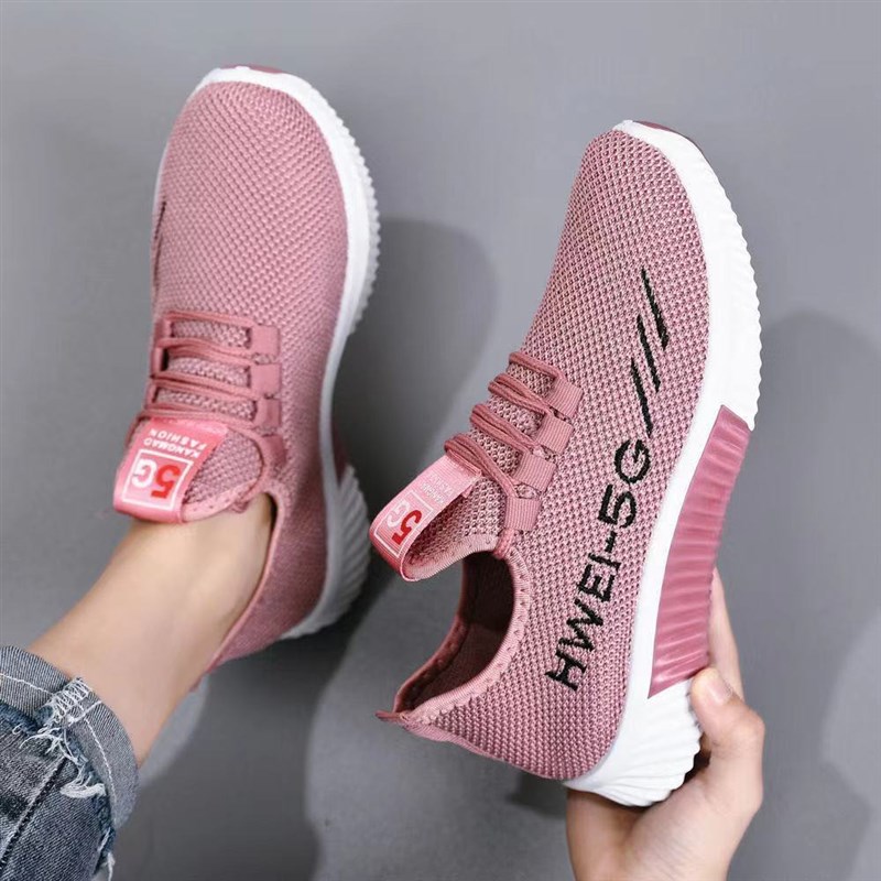 健步鞋女春夏新款低帮系带女鞋飞织网布面透气舒适平底百搭女单鞋