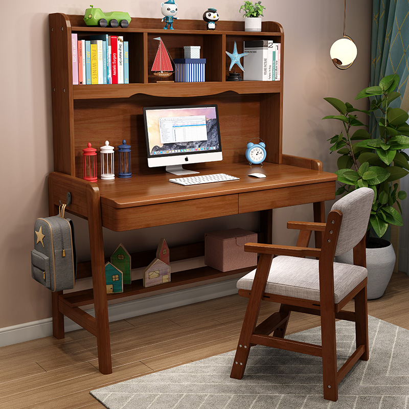 儿童学习桌带书架简约中小学生写字桌子家用小孩可升降书桌椅组合