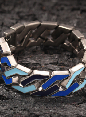 街头嘻哈男士合金宽版复古蓝色几何彩色hiphop个性手錬银欧美手镯