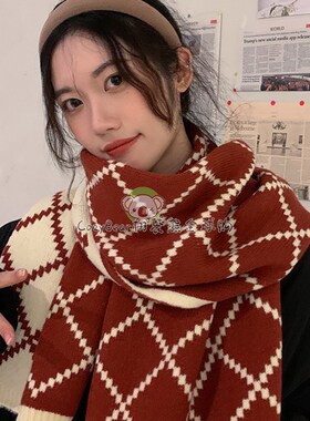 日本ZD红色格子围巾女秋冬季百搭韩版送礼物新年毛线针织围脖保暖