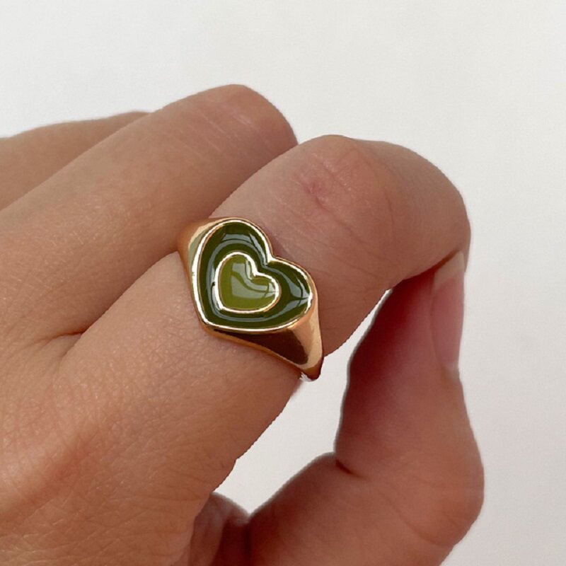 ndy Korean Y2K Vintage Double Layer Heart Enamel Ring for Wo