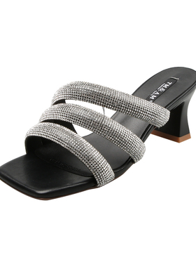 Uncle Jian拖鞋女夏季外穿露趾粗跟水钻带时尚高跟凉拖一字拖女