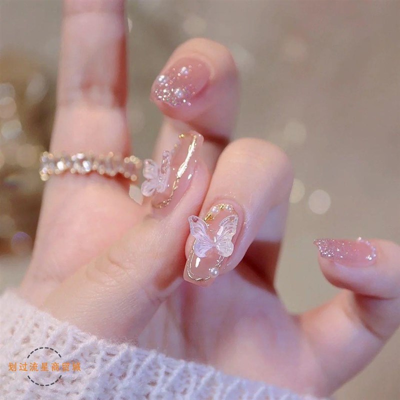 手工光疗甲片夏季超仙显白防水裸色蝴蝶学生可拆卸假指甲美甲成品