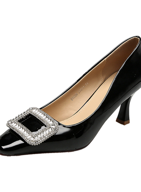 Uncle Jian法式气质方头细跟单鞋女新款浅口水钻百搭漆皮高跟鞋