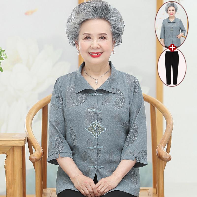 奶奶夏装五分袖衬衫中老年人女妈妈雪纺衬衫套装老太太七分袖上衣
