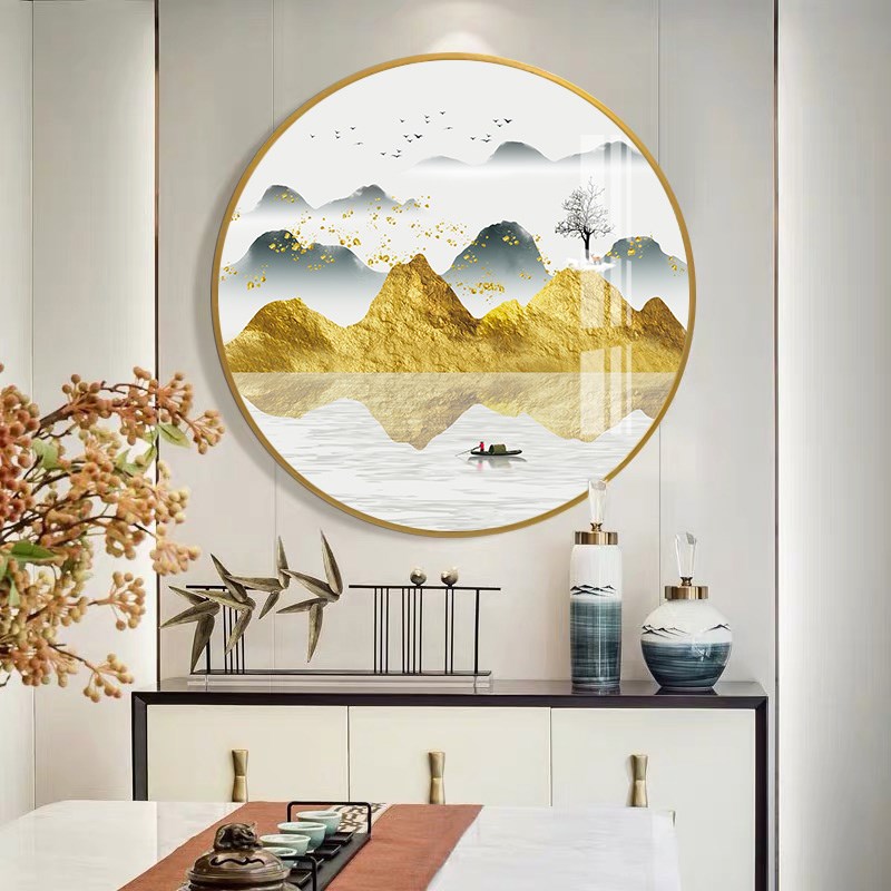 网红迎客松挂画圆形玄关氛围灯画客厅装中饰画办公室壁式背景墙画