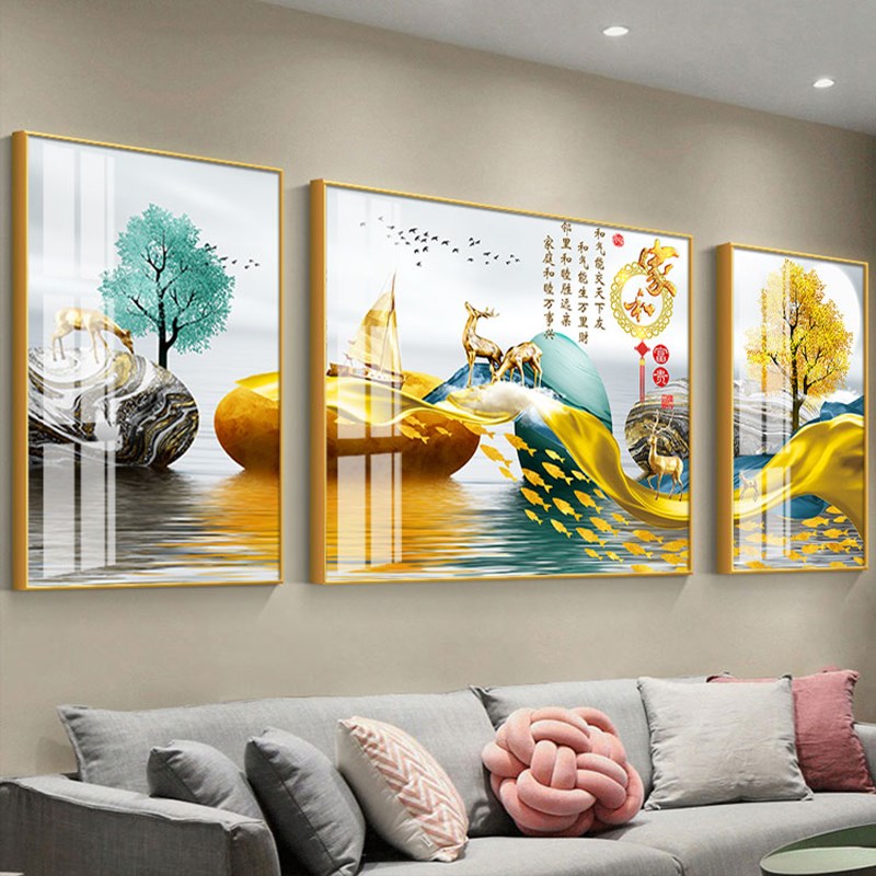 网红新式中轻奢客装厅饰画北欧麋鹿沙发背景墙挂画大气晶瓷画三联