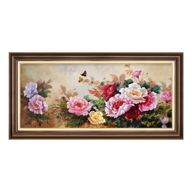 网红新中式客厅装饰画牡丹花美式沙发背景墙挂画横版大厅国风复古图片