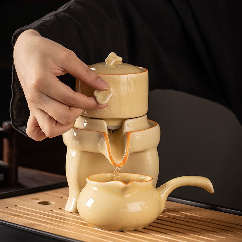 瓷牌茗茶具黄哥窑石磨自动茶具套组家用防烫冲茶器办公室懒人泡茶