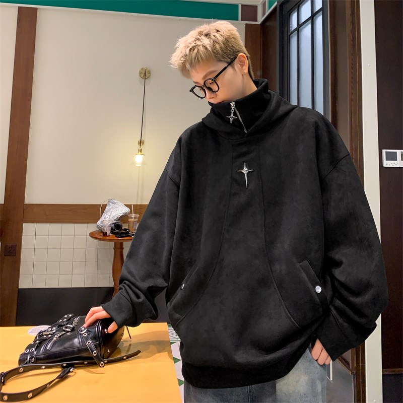麂皮绒美式卫衣男春秋款2024重磅潮牌痞帅宽松休闲半拉链连帽外套